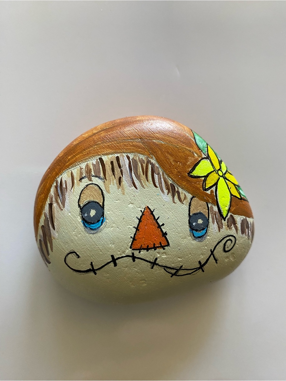 Rock Art Hand-Painted Scarecrow Face and crow on Natural Stone